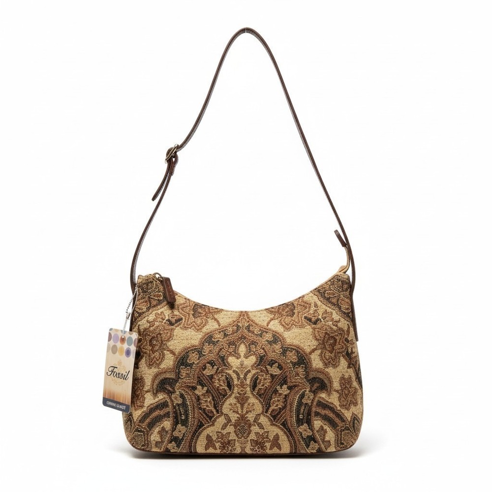 FOSSIL Tapestry Carpet Hobo Shoulder Bag Leather Crocodile Embossed Strap New